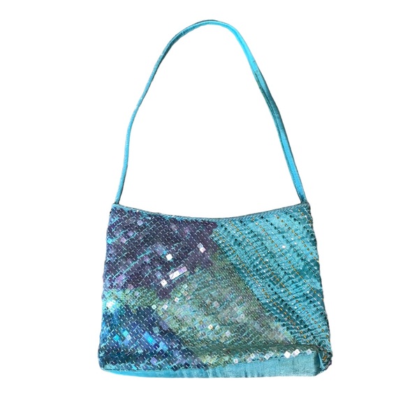 Y2k Luisa Spagnoli Blue Sequin Beaded Shoulder Hand Bag Purse - Picture 12 of 13